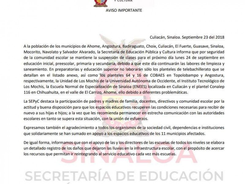 Se suspenden clases en 11 municipios: SEPyC.