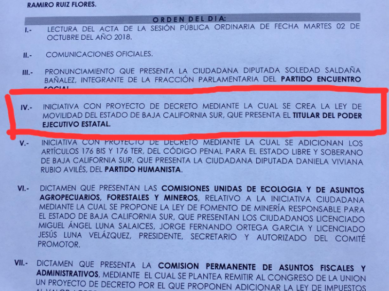 Se turna a comisión iniciativa de Ley deMovilidad