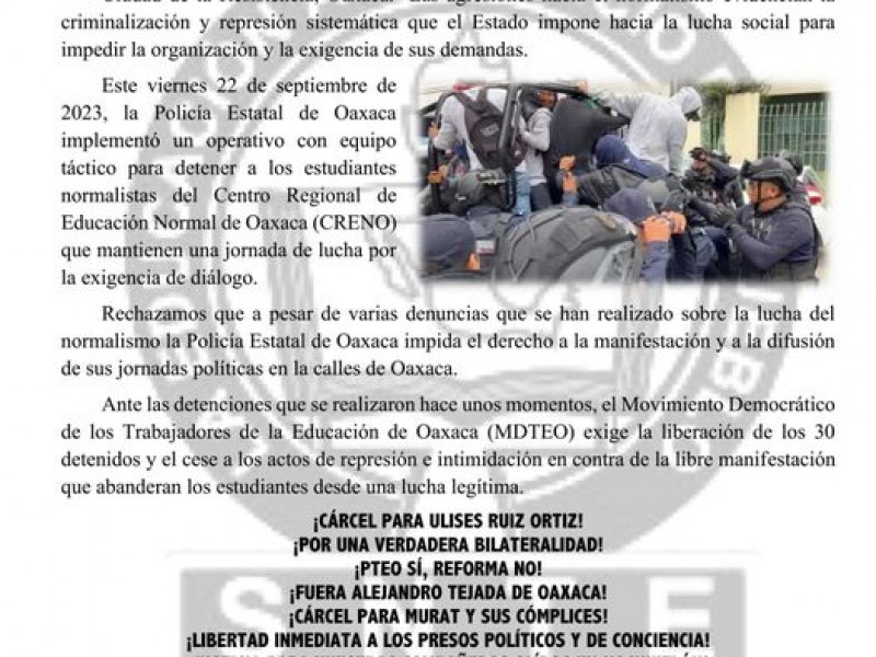 Sección 22 rechaza represión contra normalistas tras detención