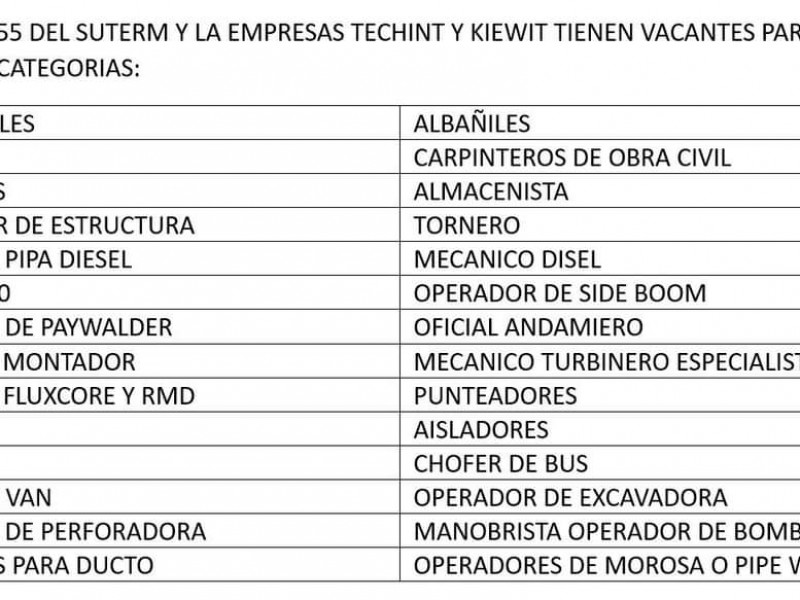 Sección 55 SUTERM Tuxpan anuncia vacantes