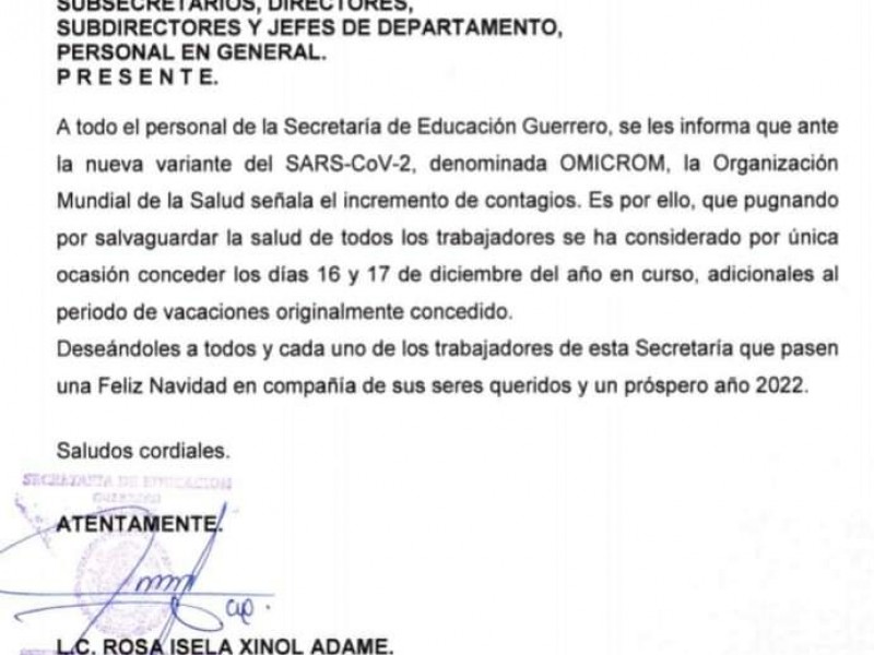 SEG otorga dos días y adelanta vacaciones en Guerrero