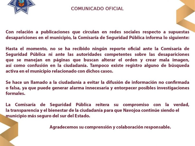 Seguridad Pública de Navojoa desmiente supuestas desapariciones