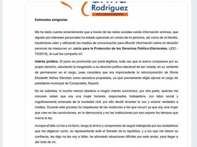 Senadora suplente interpone juicio Político-Electoral contra Gloria Nuñez
