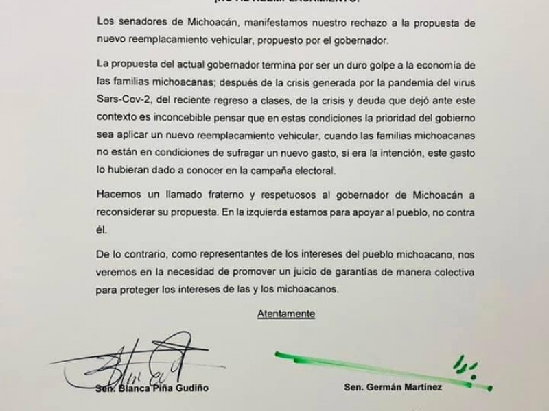 Senadores de Morena se oponen al reemplacamiento en Michoacán