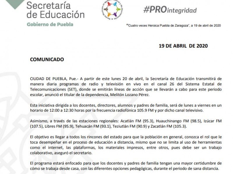 SEP transmitirá por radio instrucciones para el período escolar