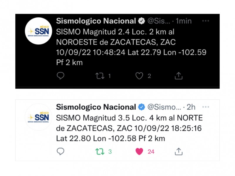 Servicio Sismológico Nacional registra dos temblores en la capital zacatecana
