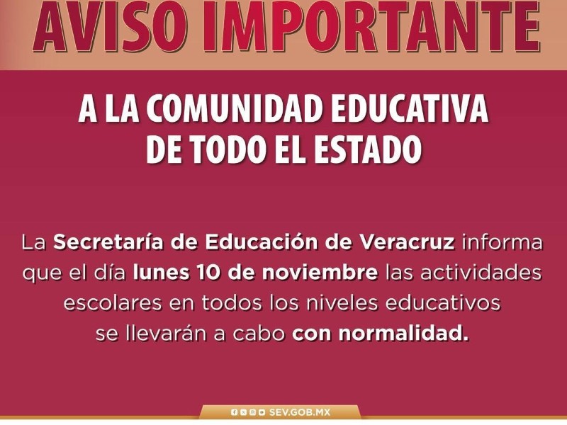 SEV confirma clases normales este lunes