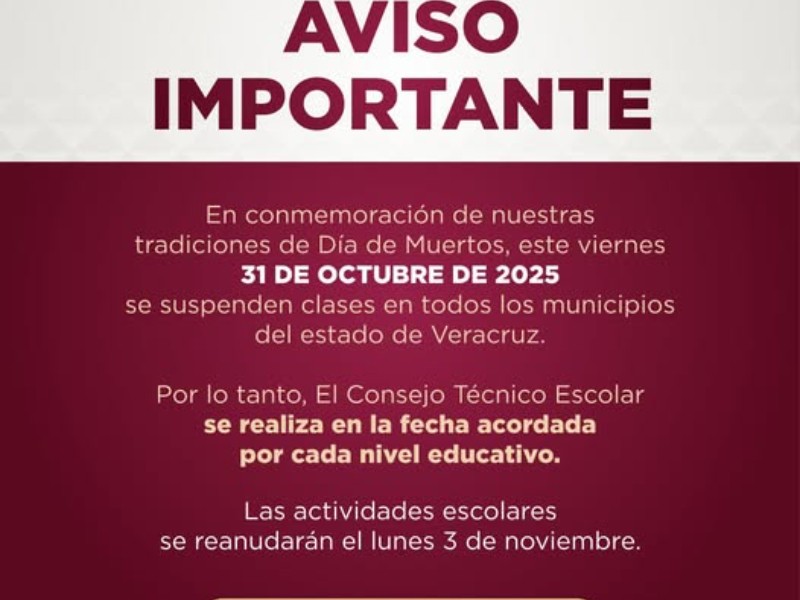 SEV suspenden clases en Veracruz por tradiciones SEV suspenden clases en Veracruz por tradiciones
