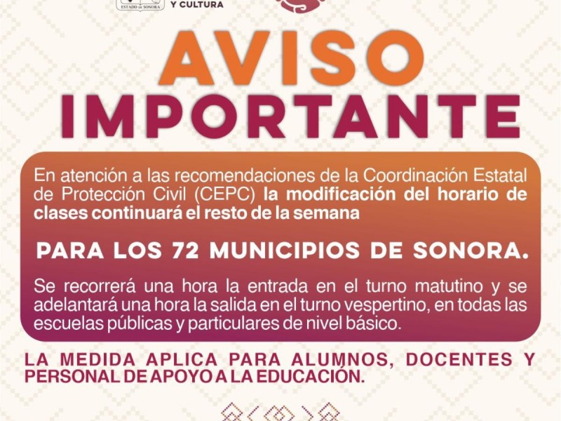 Sigue vigente modificación de horario de clases