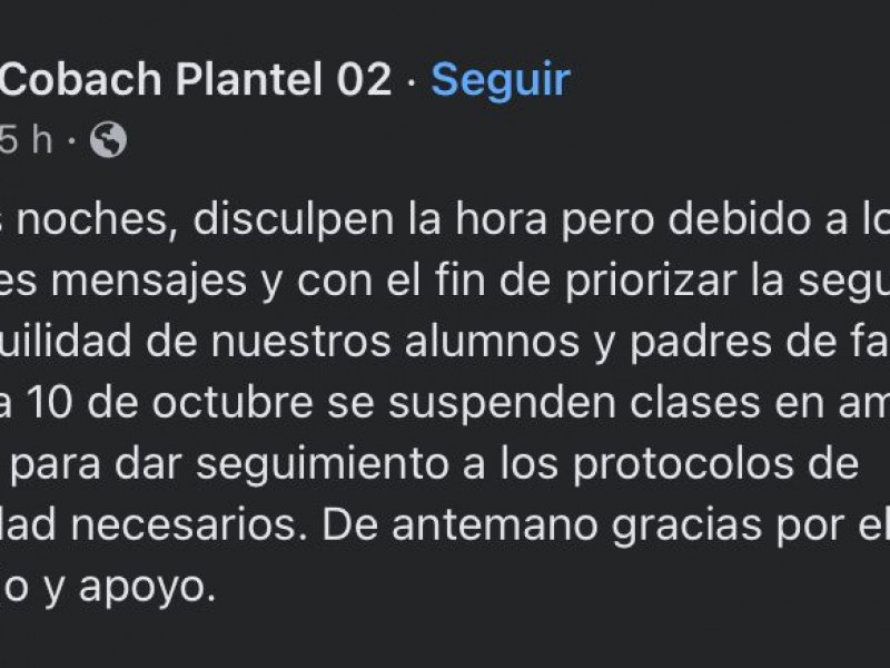 Sin clases el Cobach 02 en los cabos por amenaza