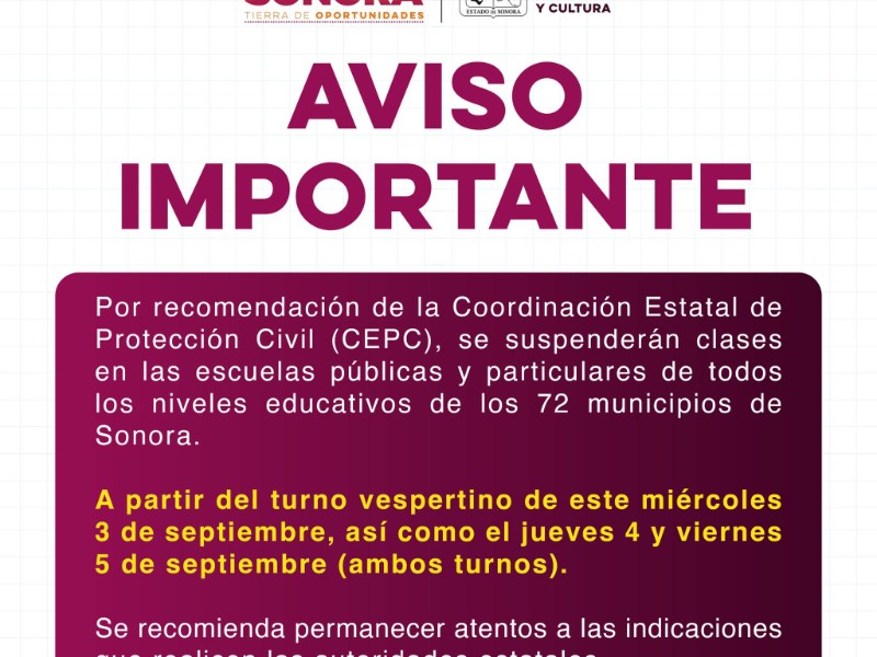 Clases canceladas en Sonora por impacto del huracán Lorena