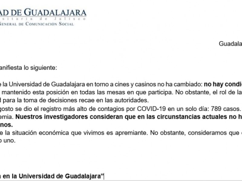 Sin condiciones para la reapertura de cines y casinos: Udeg