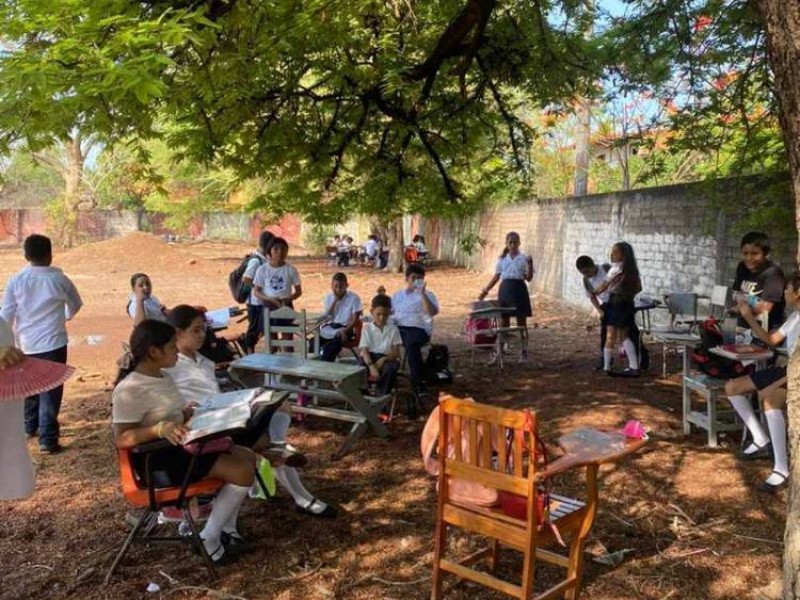 Sin energía eléctrica, alumnos toman clases bajo árboles
