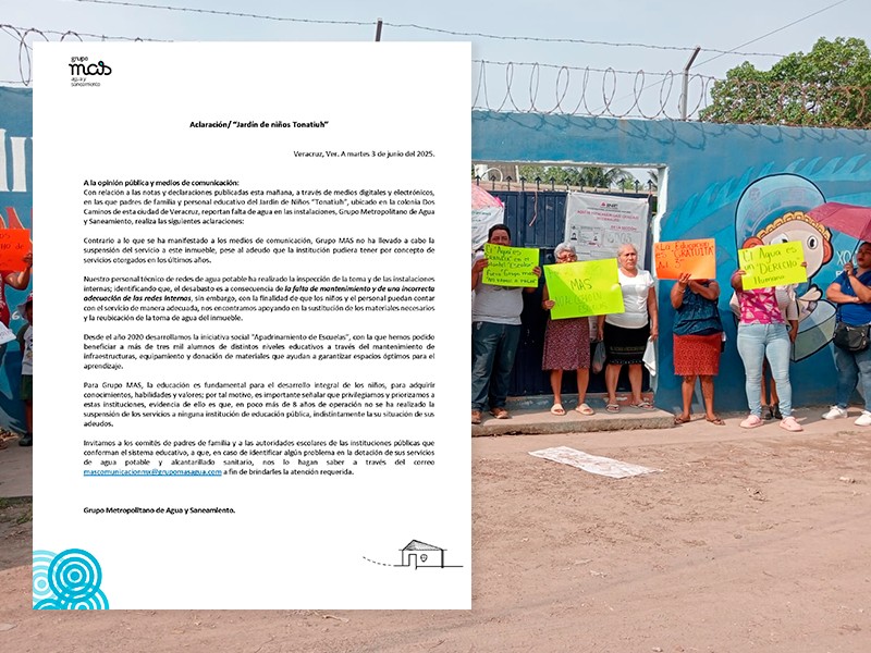 Sin suspensión de agua a kínder en Dos Caminos: Grupo MAS