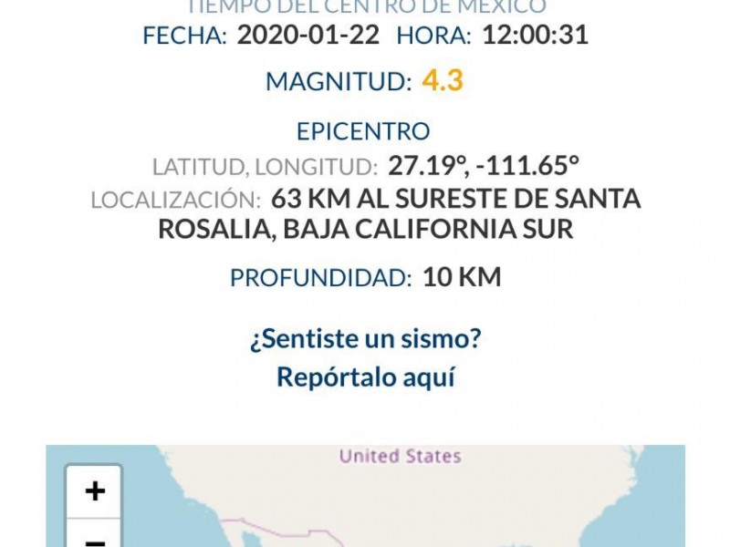 Sismo con epicentro en Santa Rosalía, sin afectaciones