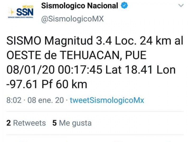 Sismo con epicentro en Tehuacán