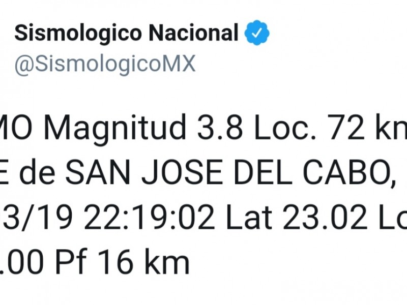 Sismo de 3.8 grados al este de SJC