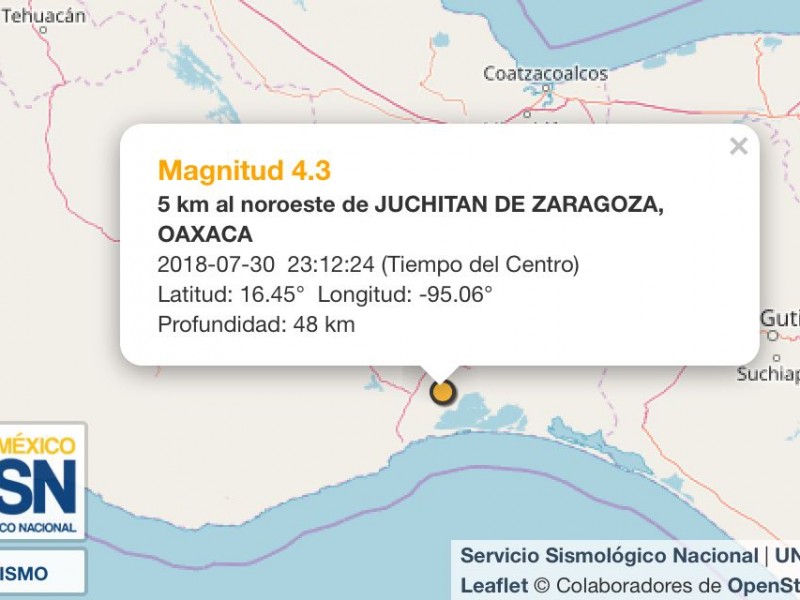 Sismo de 4.3 grados con epicentro en Juchitán