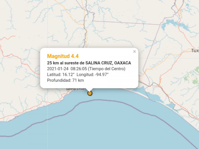 Sismo de 4.4 grados con epicentro en Salina Cruz