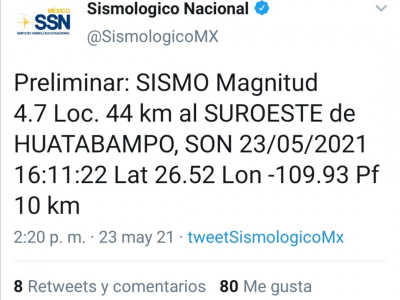 Sismo de 4.7 grados en el sur de Sonora