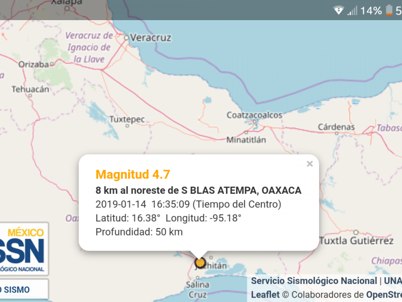 Sismo de 4.7 grados en San Blas Atempa