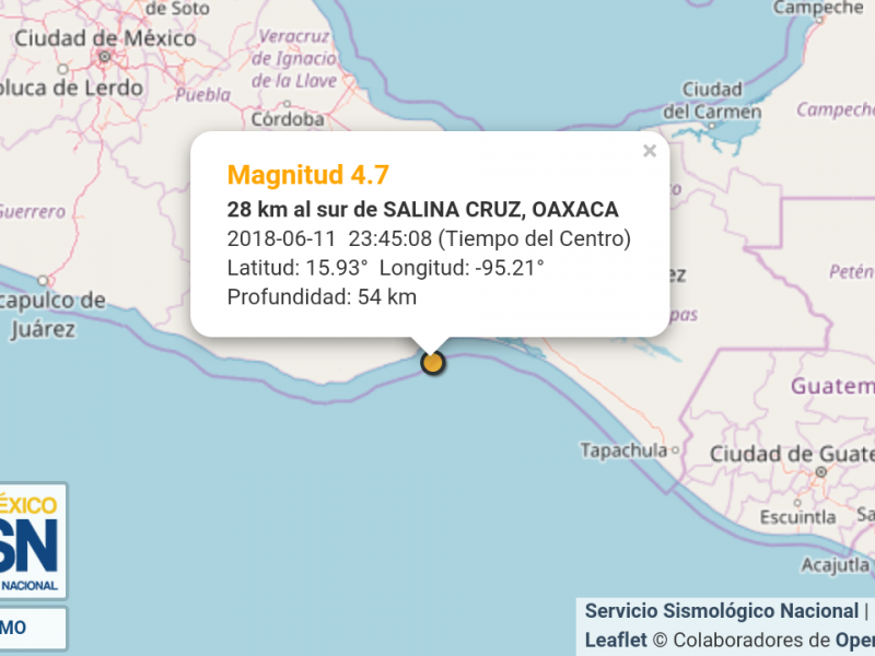 Sismo de 4.7° con epicentro en Salina Cruz