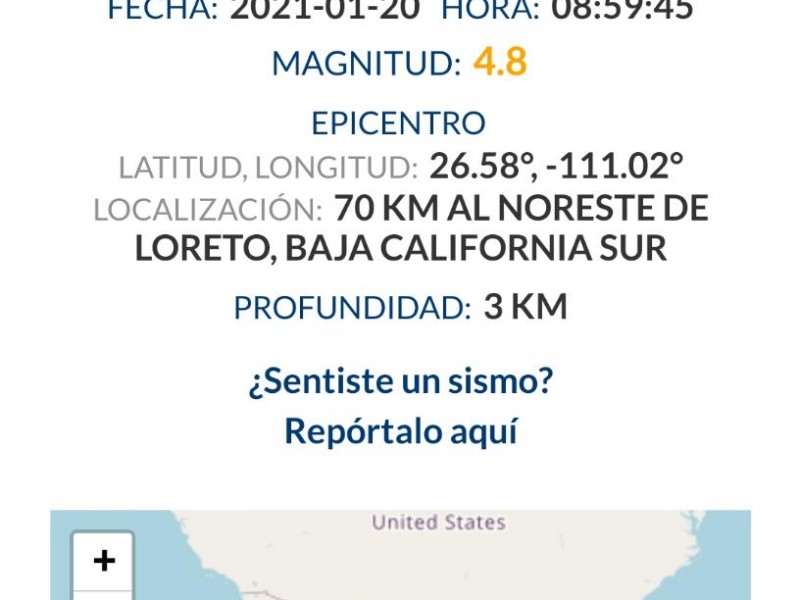 Sismo de 4.8 sacude Loreto