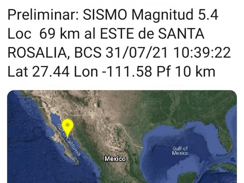 Sismo de 5.4 se percibió en Sonora y BCS