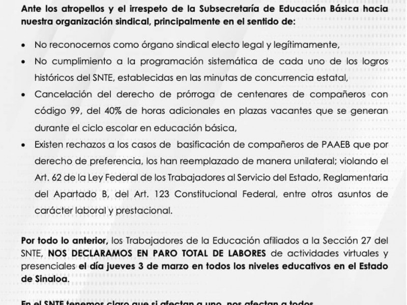 SNTE 27 parará labores este jueves en Sinaloa