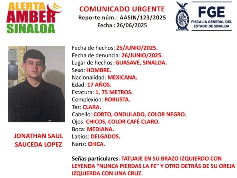 Solicitan apoyo para localizar a Jonathan Saul, desaparecido en Guasave