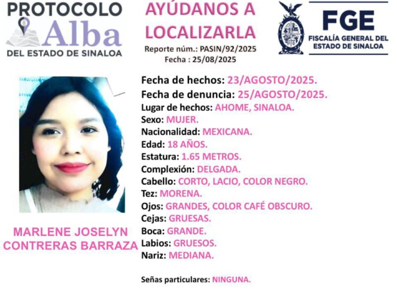 Solicitan apoyo para localizar a Marlene Joselyn, adolescente desaparecida en Los Mochis