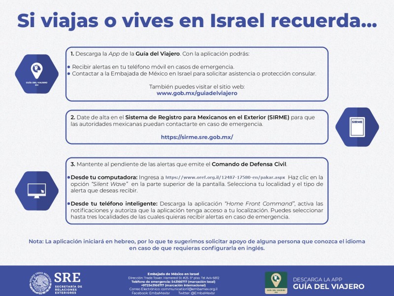 SRE llama a mexicanos en Israel a extremar precauciones
