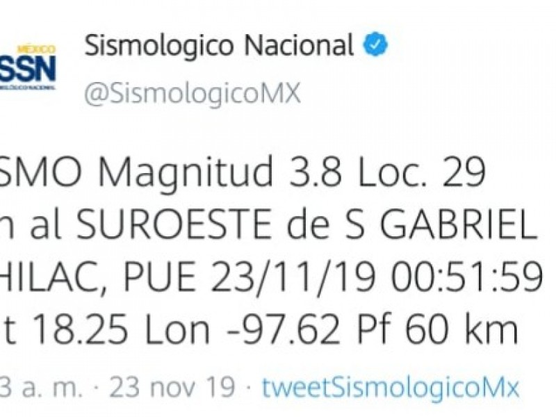 SSN registró un sismo en Chilac