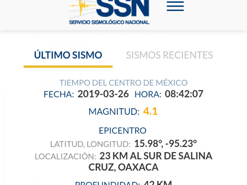 SSN registra sismo de 4.1 en Salina Cruz