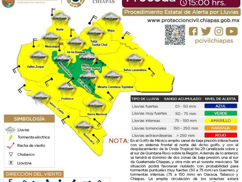 Sube a 12 regiones alerta amarilla por lluvias