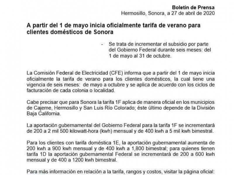 Subsidio de CFE  solo para tres municipios de Sonora