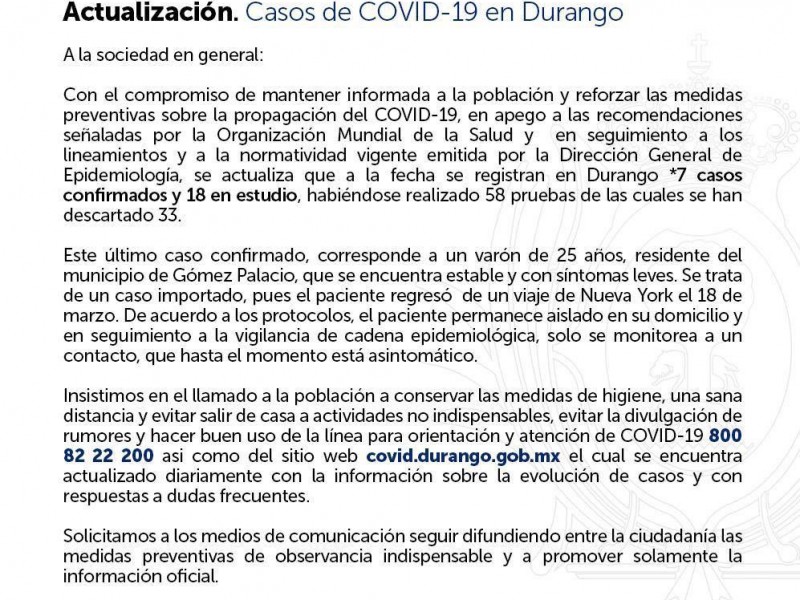 SUMAN 7 casos positivos de COVID-19 en Durango