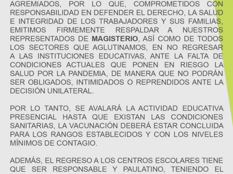 SUSPEG rechaza clases presenciales; acatarán órdenes hasta que haya condiciones