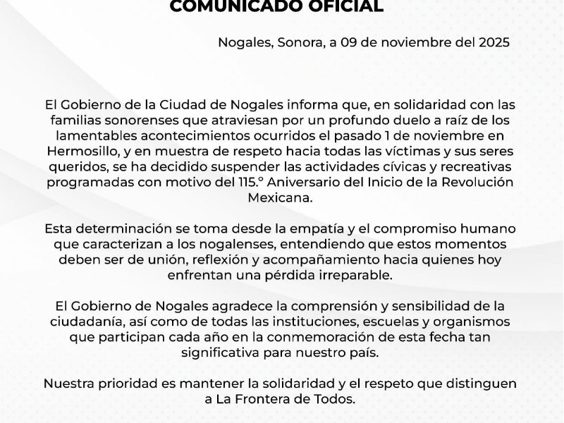 suspende actos por aniversario de la Revolución Mexicana en solidaridad con víctimas