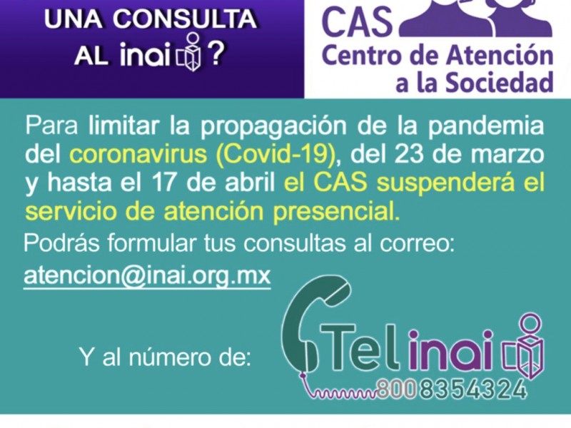 Suspende atención presencial INAI por cuarentena