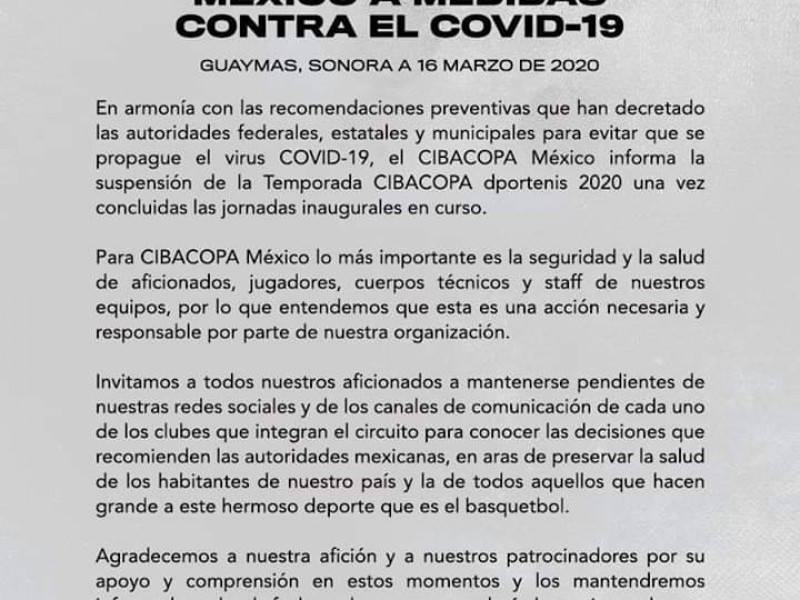 Suspende Cibacopa México temporada 2020
