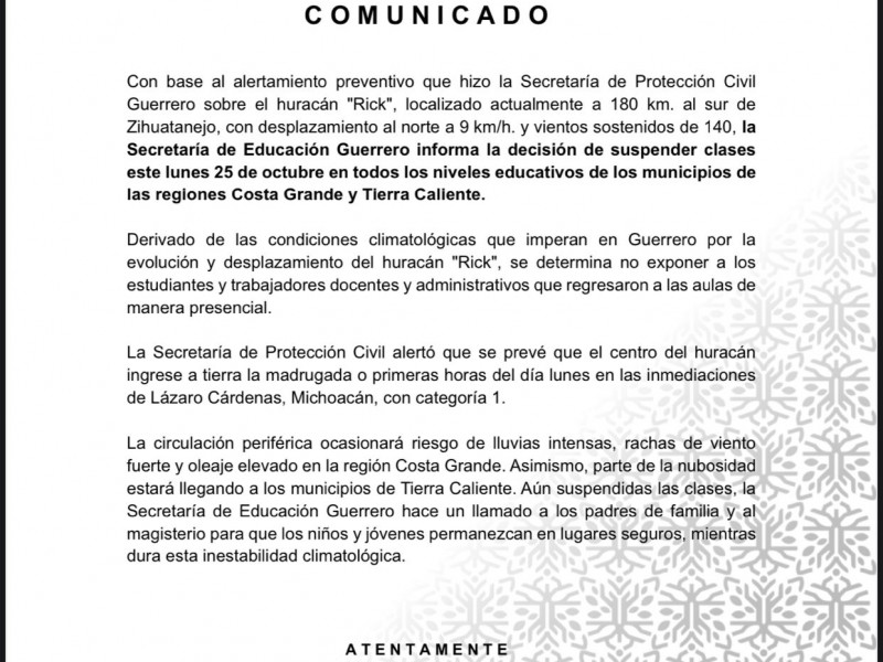 Suspende la SEG clases en Costa Grande y Tierra Caliente