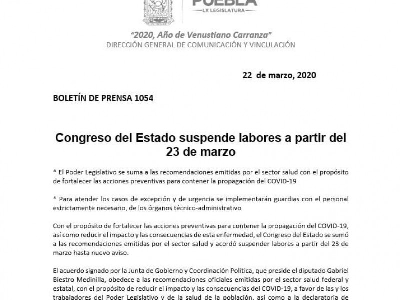 Suspende labores el congreso estatal