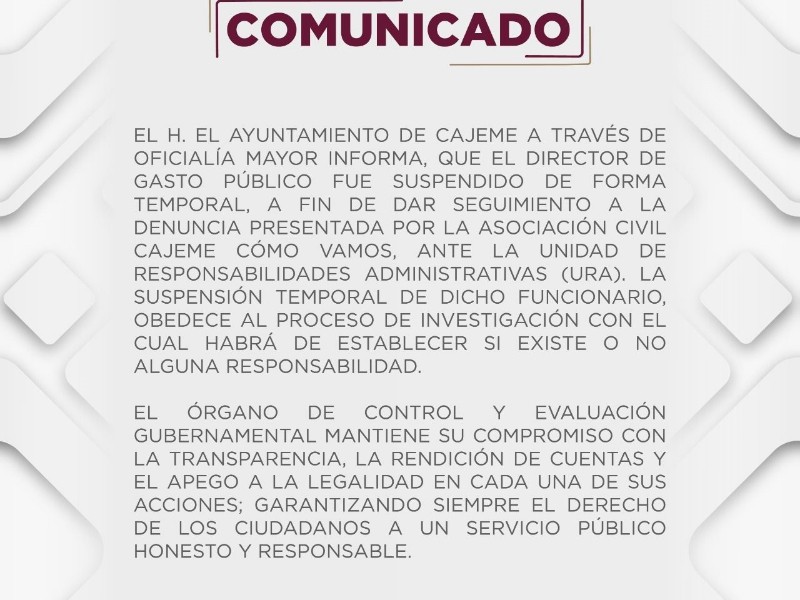 Suspenden temporalmente a director de presupuesto en Cajeme señalado de presuntas irregularidades