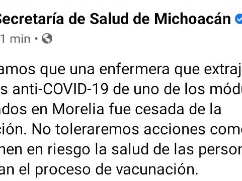 Suspenden a enfermera que extrajo vacunas contra COVID-19 en Morelia 