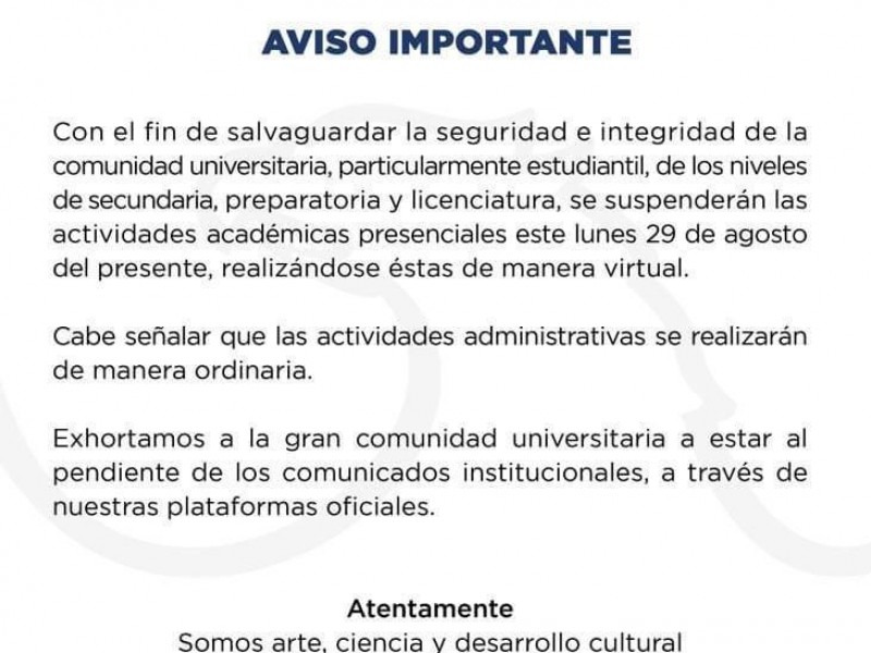 Suspenden actividades académicas presenciales en la UAZ