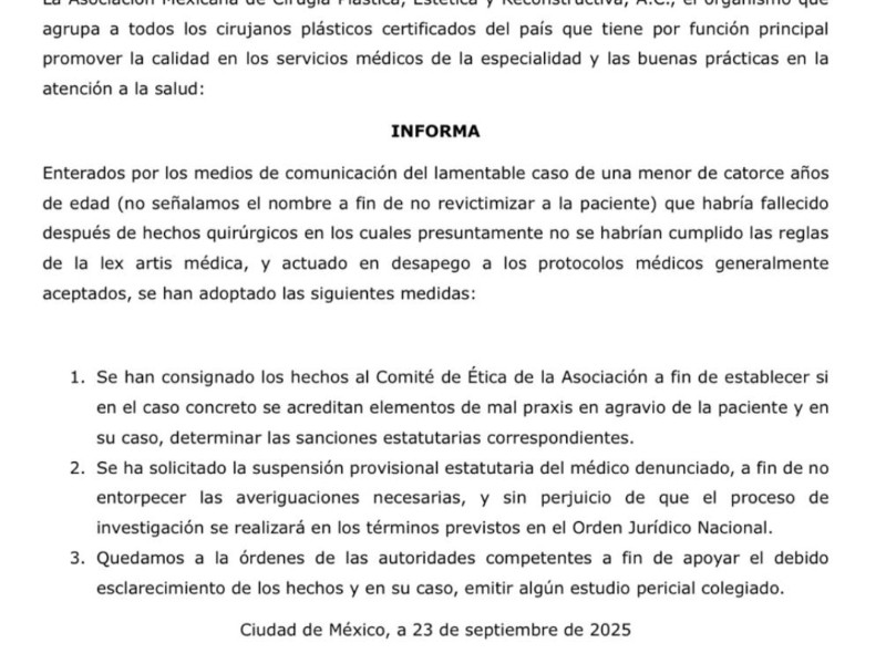 Suspenden afiliación de médico que operó a menor de Asociación de Cirujanos
