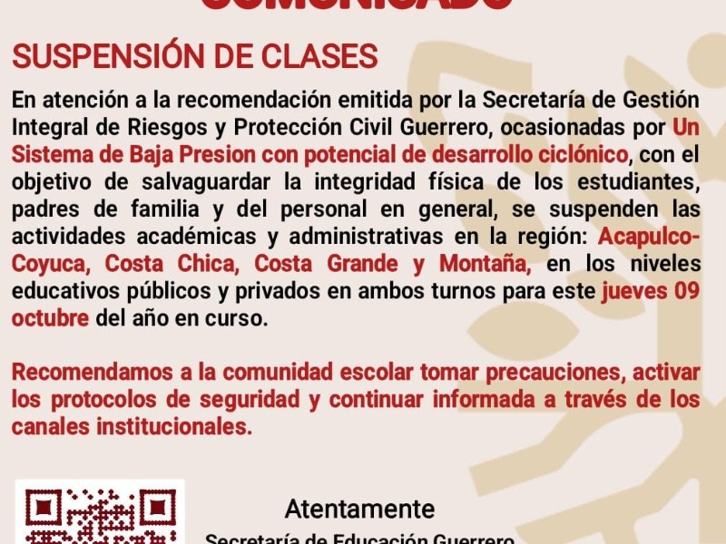 Suspenden clases el jueves por clima en Guerrero