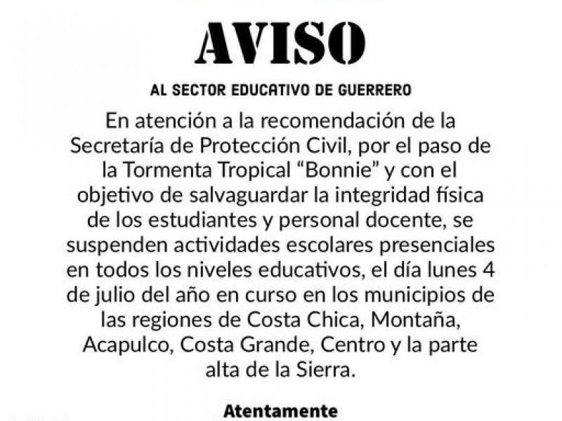 Suspenden clases en 6 regiones de Guerrero por “Bonnie”