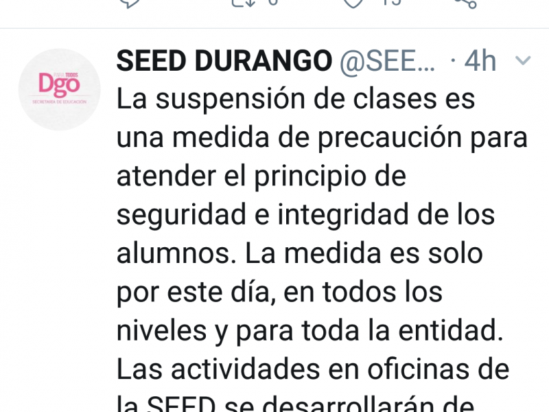 Suspenden clases en Durango por 